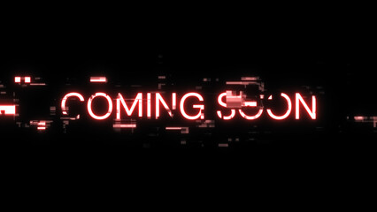 3D rendering coming soon text with screen effects of technological glitches
