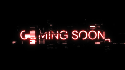 3D rendering coming soon text with screen effects of technological glitches