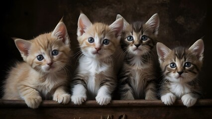 Portrait of four young cats next to each other, dark background
