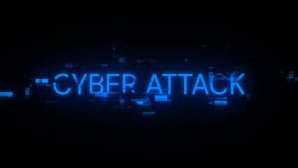 3D rendering cyber attack text with screen effects of technological glitches