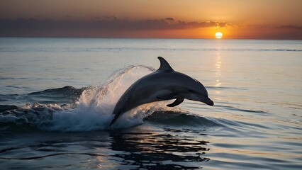 Obraz premium A dolphin jumps in the water with a sunset background behind it