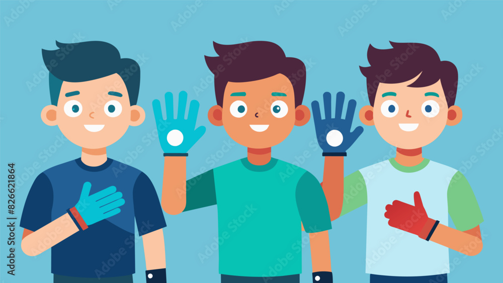 Poster a group of boys showing off their smart gloves which allow them to control their music and phone cal