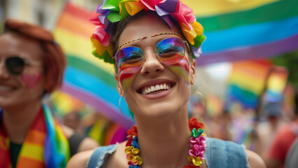 Fototapeta premium Joyful LGBTQ+ Pride Participant with Rainbow Flower Crown and Face Paint at Festive Parade