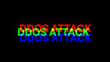 3D rendering ddos attack text with screen effects of technological glitches