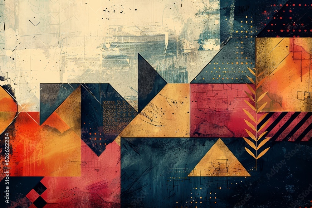 Poster on a vibrant summer day, bold colors mingle with geometric patterns, creating a striking visual harm