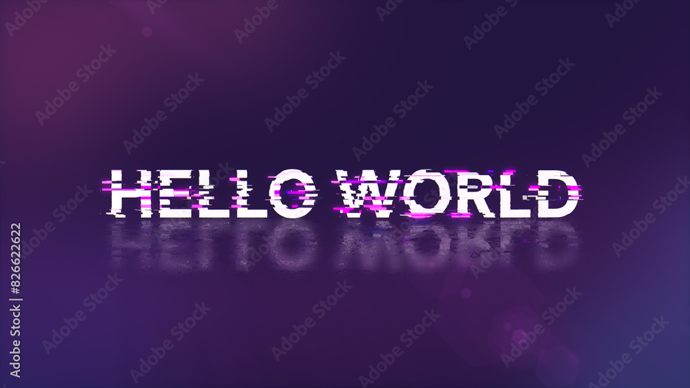 Poster 3d rendering hello world text with screen effects of technological glitches