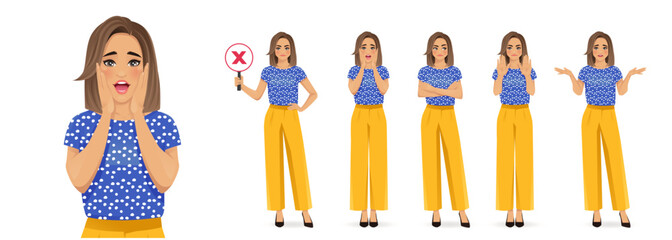 Beautiful business woman wearing bright clothes in different poses showing negative emotions with different gestures. Isolated vector illustration collection