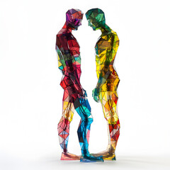 Technological Revolution of Love: 3D Gay Couple Embracing LGBTQ+ Identities in Transparent Bodies on White Background