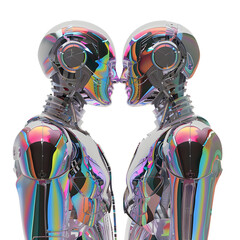 Cyber-Pride: Futuristic 3D Gay Couple Embracing Diversity and Technology on White Background