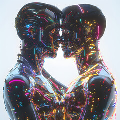 Techno-Love: Futuristic 3D Gay Couple Embracing Diversity and Technology on White Background