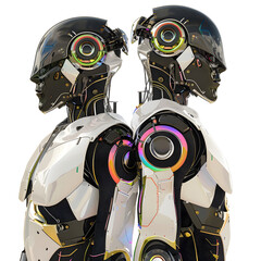 Cyborg Love: Futuristic 3D Gay Couple Embracing Diversity and Technology on White Background