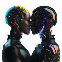 Techno Love: Futuristic 3D Gay Couple Embracing LGBTQ+ Diversity, Human Technology Synergy