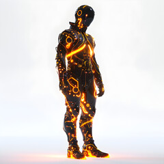 Digital Fusion: Stylized 3D Character with Glowing IGBT Circuitry Symbolizing Technology and Human Integration on White Background