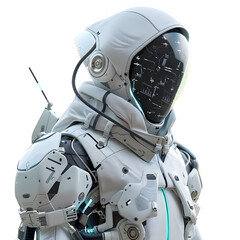 Futuristic 3D Character with IGBT Components in High-Tech Attire Standing Against White Background Symbolizing Innovation and Technology Advancement