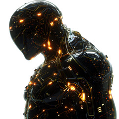 Digital Fusion: Futuristic 3D Character with Glowing IGBT Circuitry Symbolizing Integration of Technology and Human Form on white background