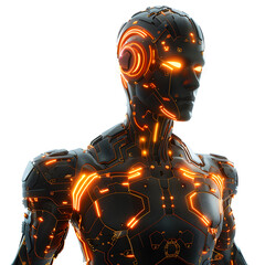 Futuristic 3D Character with Glowing IGBT Circuitry Blending Technology and Human Form on White Background