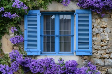 Traditional stone house wall with a bright blue window adorned by blooming purple flowers