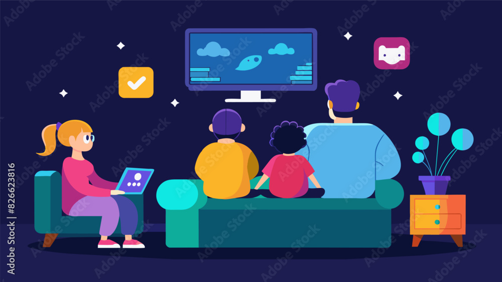 Poster a family sitting together on a couch playing a trivia game on their tv using augmented reality techn