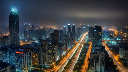 Obraz premium Night view of a bustling city, rain, fog, hazy