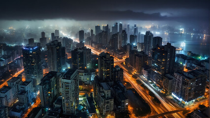 Fototapeta premium Night view of a bustling city, rain, fog, hazy