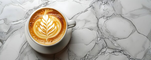 Delicately Crafted Latte Art on Marble Countertop Setting with Elegant Cafe Ambiance - Powered by Adobe