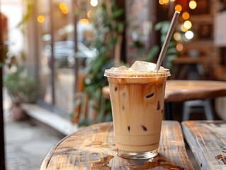 Iced Latte with Metal Straw in Modern Outdoor Cafe Setting with Wooden Table and Condensation Glass