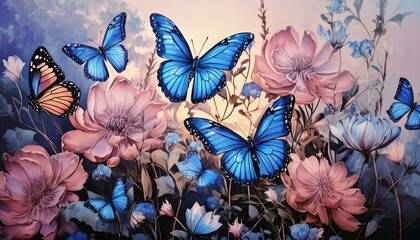 Blue Monarch Butterflies on Flowers Canvas Art