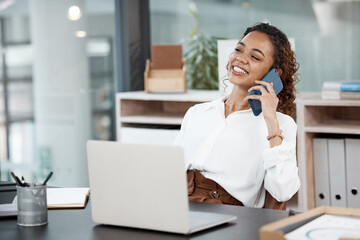 Businesswoman, laptop and happy in office with phone call for customer service with inquiry....