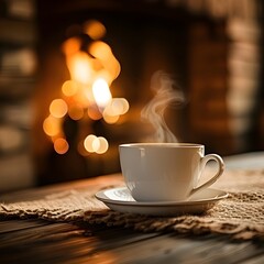 Obraz premium Steaming Cup of Coffee Amidst a Cozy and Inviting Living Room Setting with a Crackling Fireplace in the Background