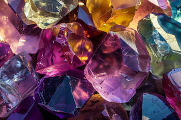 closeup texture of multi-colored gemstones, transparent and translucent. refraction of light through the edges of stones