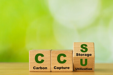 Wooden cubes form the symbol CCU (carbon capture utilization) and CCS (carbon capture storage)....