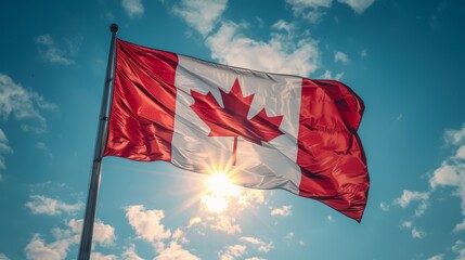 A red and white Canadian flag is flying in the sky