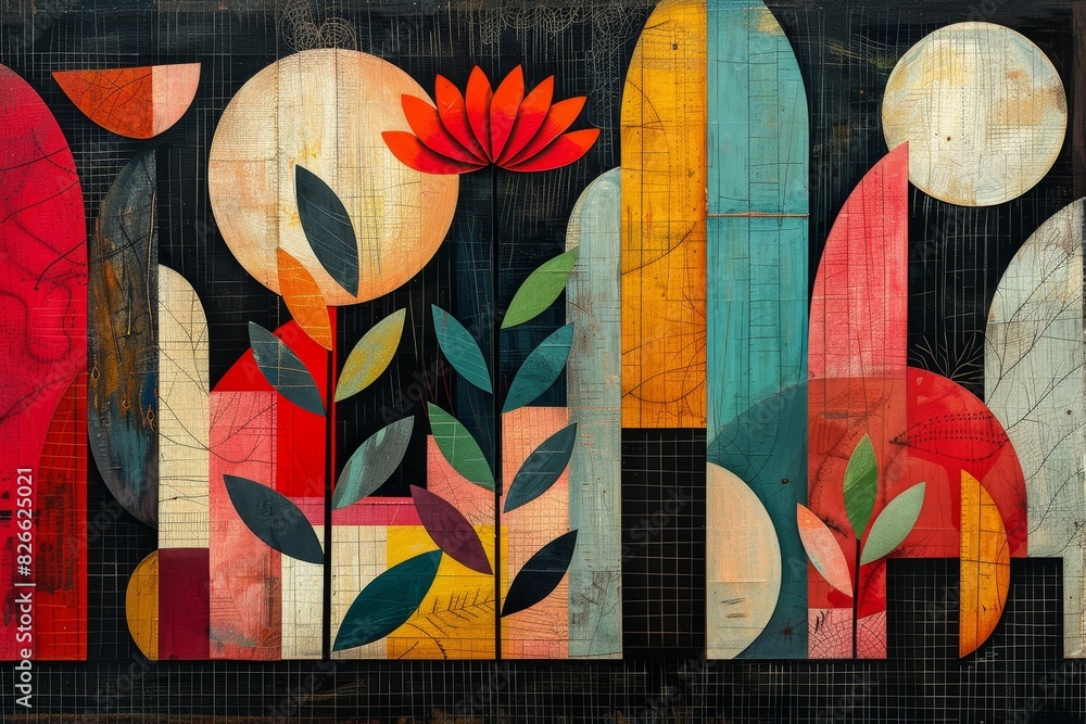 Poster vibrant warm tones complement bold abstract patterns in the captivating summer garden setting