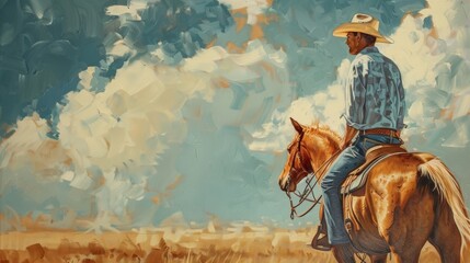 An acrylic painting portraying the bond between a cowboy and his trusty horse a common theme in Western art.