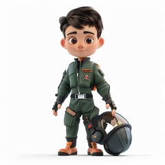 Cute Boy Cartoon in 3D Style Wearing Fighter Pilot Suit, Holding a Pilot Helmet, Isolated on White Background, Ideal for Aviation-Themed Children's Illustrations and Adventure Stories