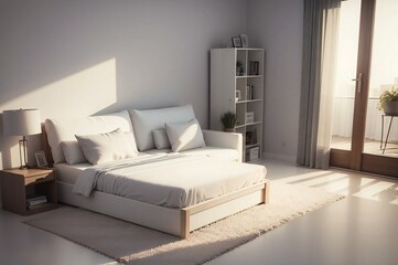 Modern minimalist bedroom with white bedding, soft natural light, and tasteful decor, creating a peaceful and inviting atmosphere for relaxation