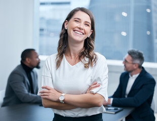 Fototapeta premium Portrait, employee and woman in boardroom, smile and confidence in corporate and auditor. Office, bookkeeper and person on table, business meeting and collaboration for planning of project and goals