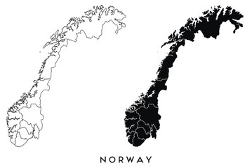 Norway map of city regions districts vector black on white and outline