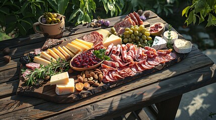 A charcuterie board filled with an assortment of gourmet cheeses, meats, nuts, and fruits, on an aged wooden table in a garden setting.