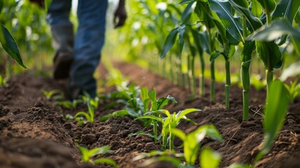 A farmer walks through a thriving cornfield at sunrise, inspecting the growth of young corn plants on a clear, sunny day.