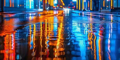 Neon signs reflecting off wet road casting colorful spectrum on urban landscape. Concept Neon Signs, Wet Road, Colorful Spectrum, Urban Landscape, Reflections