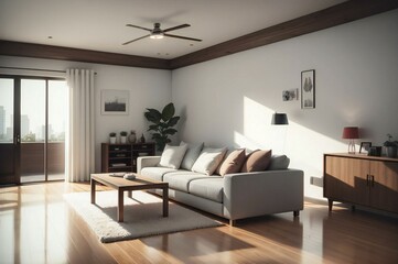 Fototapeta premium Modern living room with ample space, cozy sofa, wooden furnishings, and expansive windows offering breathtaking city views during the day