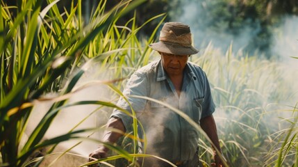 A farmer in a blue shirt and hat sprays pesticides among tall, green rice plants under the bright sun.