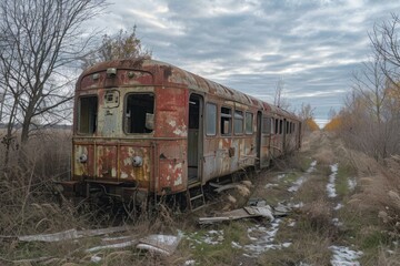 Fototapeta premium Old, decaying train car sits forgotten amidst weeds and trees under an overcast sky
