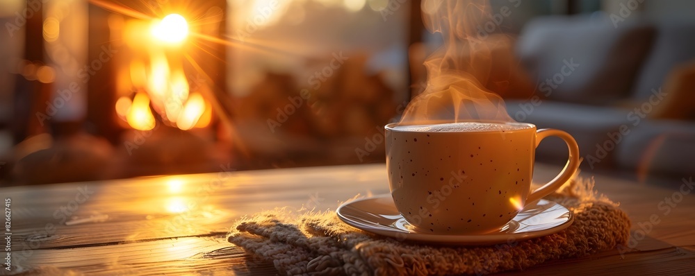 Sticker Steaming Cup of Coffee in Cozy Living Room with Fireplace Glow