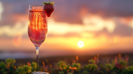 A chilled glass of sparkling ros?(C) wine, adorned with a strawberry on the rim, set against the...