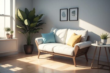 Cozy living room filled with morning sunlight, a comfy sofa, indoor plants, and stylish wall art decoration