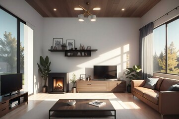 Modern living room interior with cozy fireplace, comfortable seating, and serene natural views