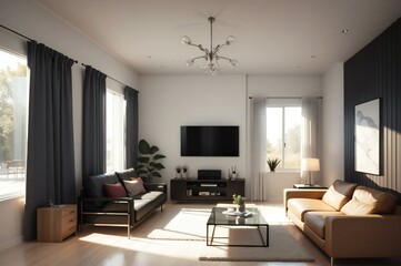 Modern living room with stylish furniture and serene minimalistic decor, flooded with natural sunlight and spacious elegance