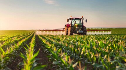 A farmer drives a tractor outfitted with sprayers, tending to a vibrant cornfield under a clear sky.